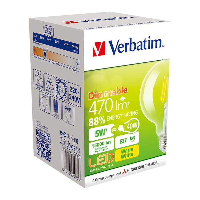 VERBATIM Filament G95 Grand Classic 4.5W Clear Dome Dimmable Globes 2700K E27 | B22 - TheLightGuys