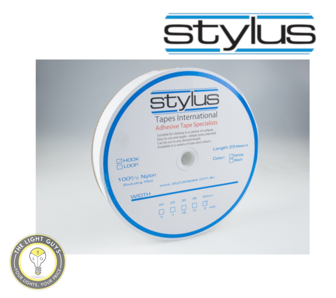 STYLUS 3421 50mm x 25M Hook tape (Adhesive backed) White - TheLightGuys